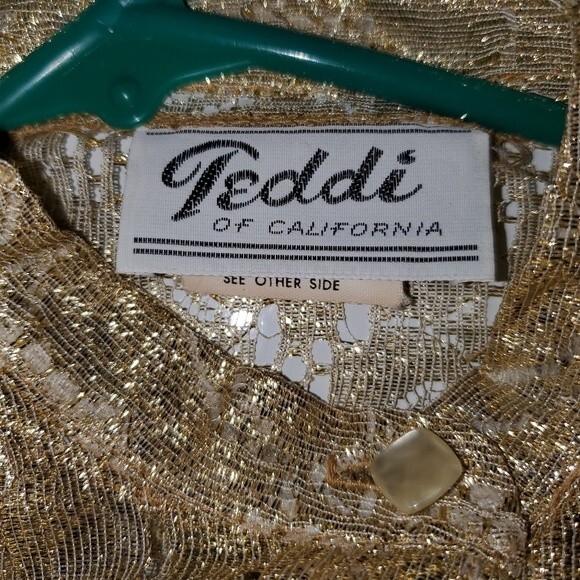 Vintage Gold Metallic & Nylon Deco Button Front Mandarin Collar Semi Sheer Top - Picture 6 of 8